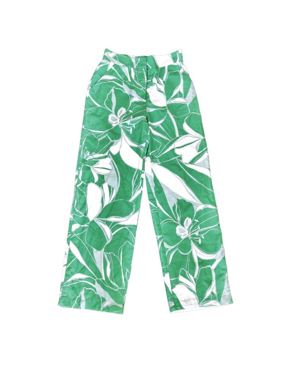 Milly Green & White Tropical Wide-Leg Pants